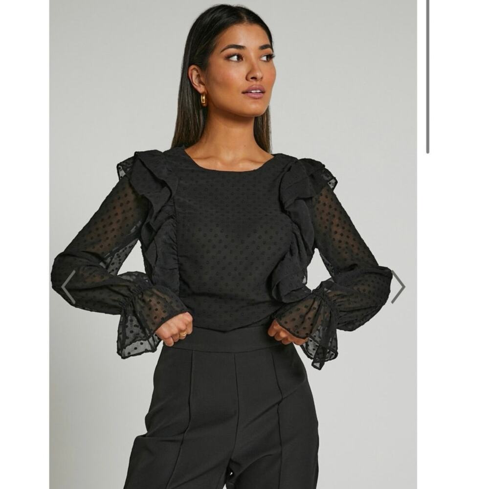 CeCe Black Long Sleeve Ruffle Sheer Polka Dot Print Mesh Peplum Blouse Top S